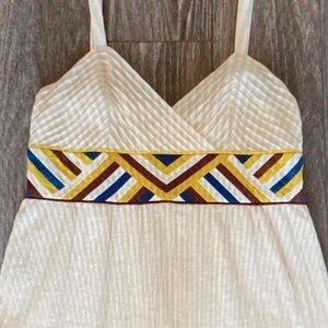 White Spaghetti Strap Dress Top with Geometric Embroidered Band